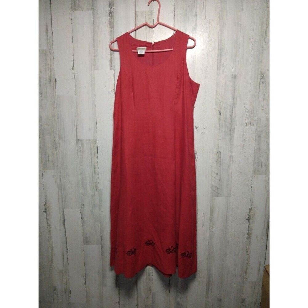 Coldwater Creek Red 100% Linen Dress With Bicycle Embroidery Size P12